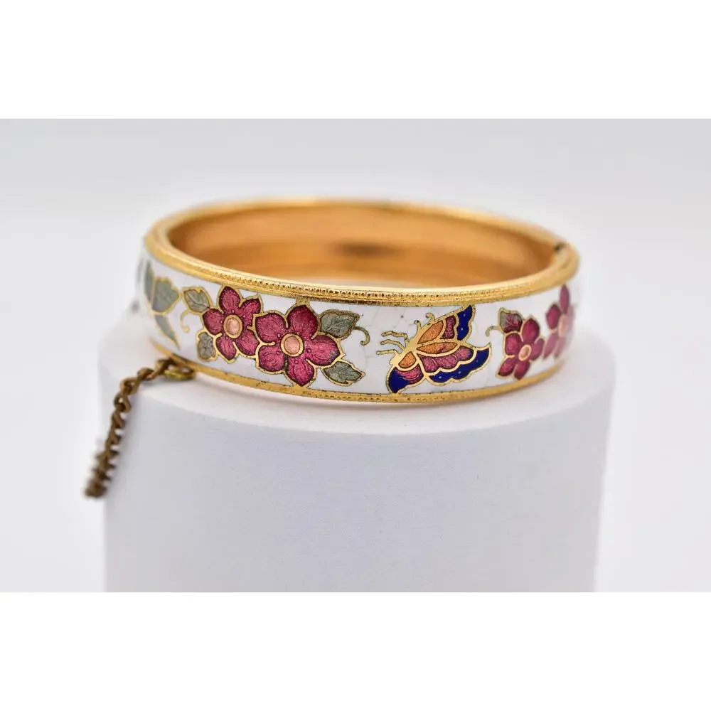 Vintage Cloisonne Enamel Floral Butterfly Gold Tone Hinged Bangle Bracelet BinBR